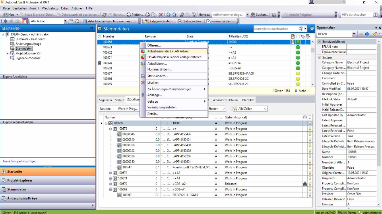 EPLAN Artikel und Stücklisten in Vault Professional 