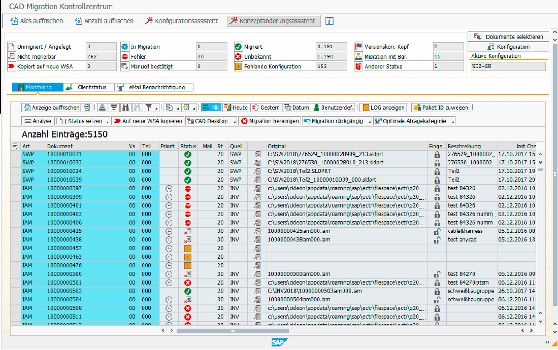 SAP CAD Migrator Kontrollzentrum